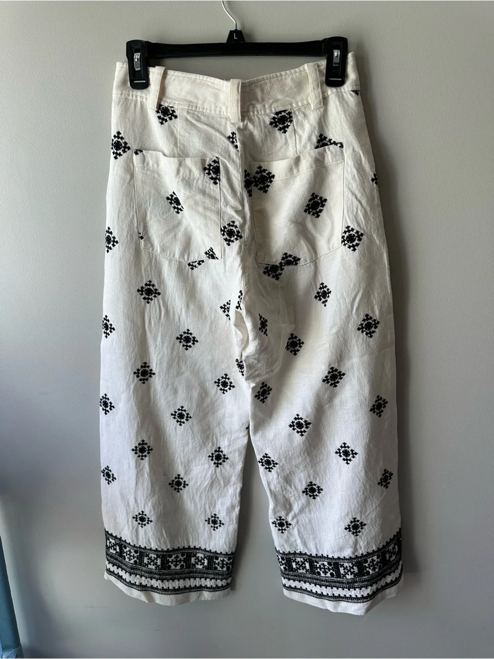Zara Embroidered Linen Blend Wide Leg Pants US S Black White Boho